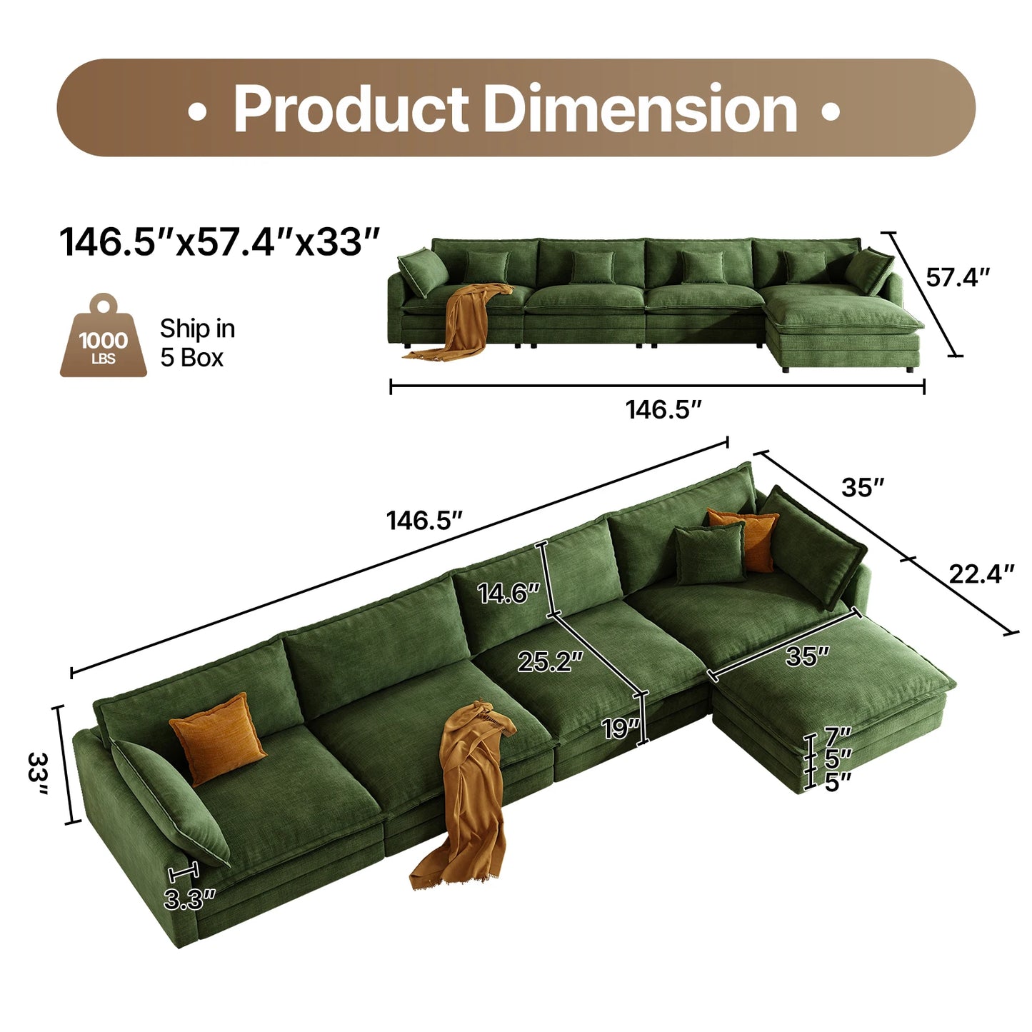 QWCCN L Shaped Modern Sofa Sectional Cloud Couch With Ottoman
