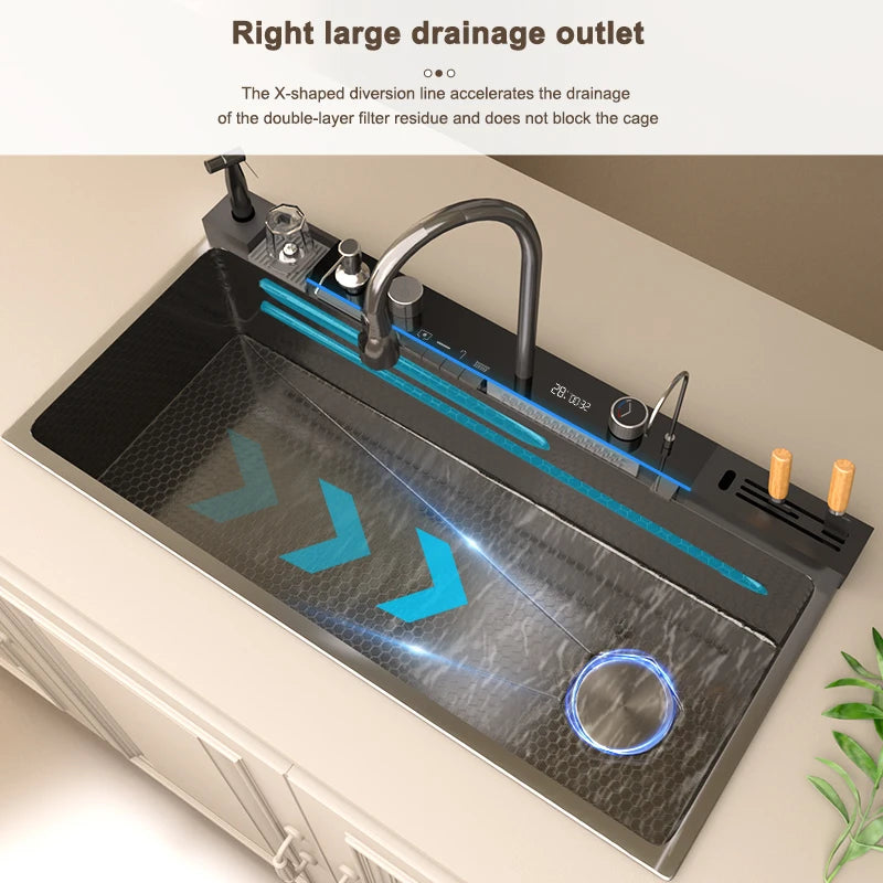Yuki Like Stainless Steel Waterfall Kitchen Sink With Digital Display