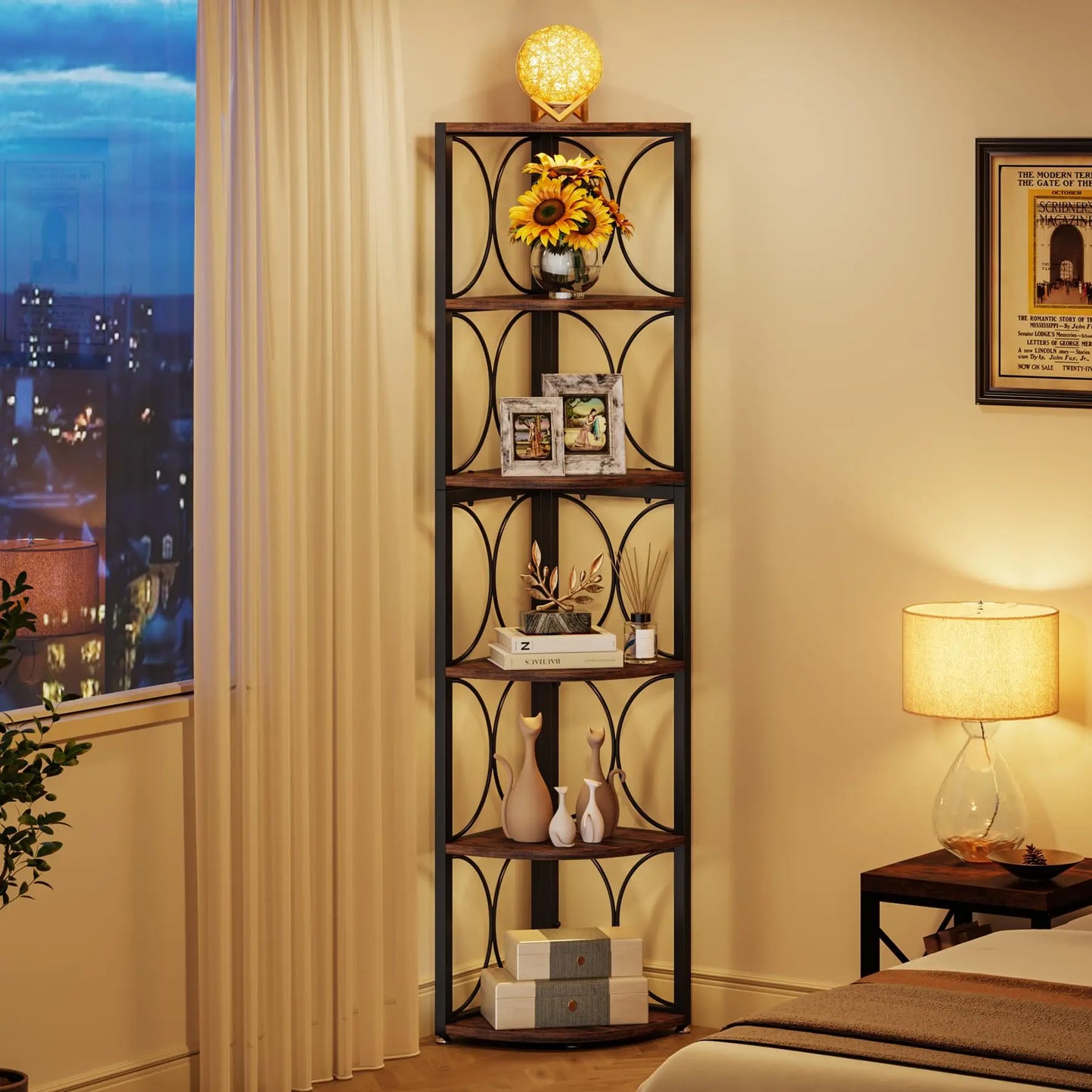Tribesigns Six Tier Rustic Corner Shelf Bookcase for Small Spaces
