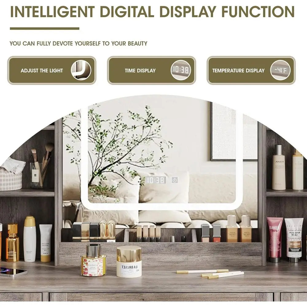 LED Illuminated Makeup Desk With Storage And Vanity Mirror