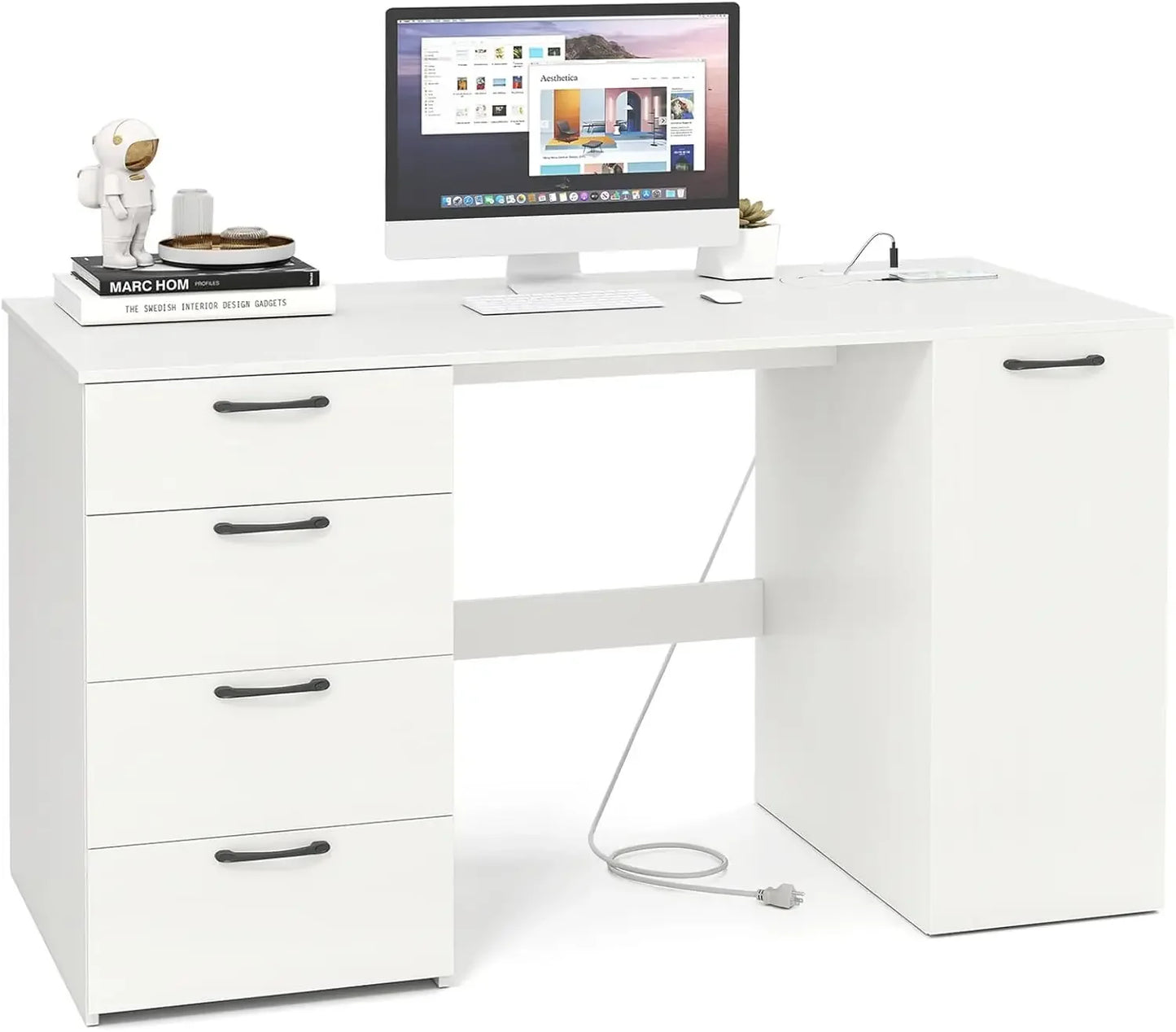 L Shaped Computer Desk With USB Outlet And Built In Storage Drawers For Home Office