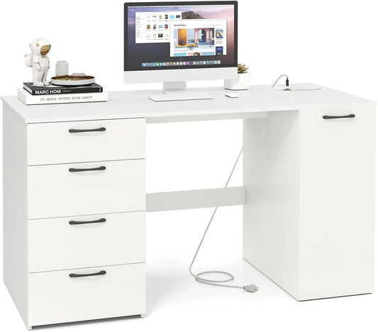 L Shaped Computer Desk With USB Outlet And Built In Storage Drawers For Home Office
