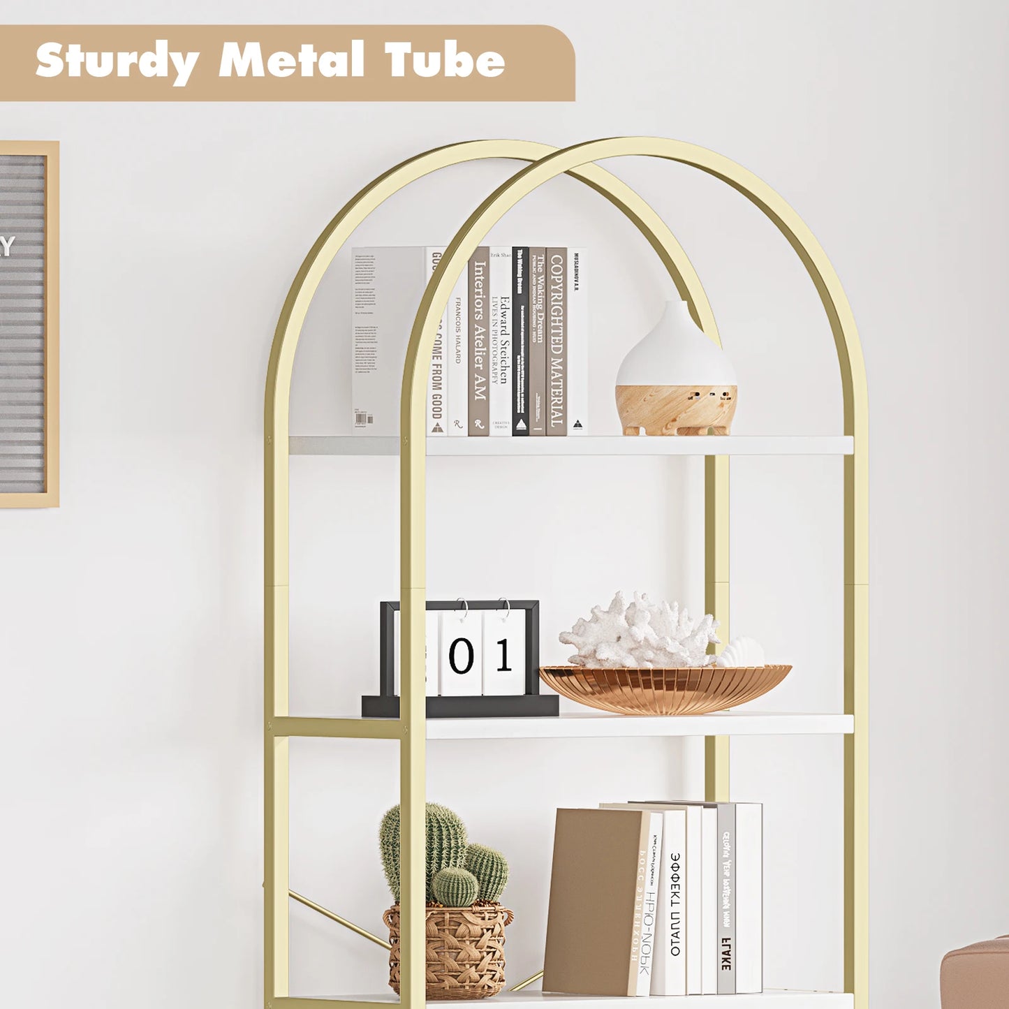 5 Tier Arched Bookcase With Sturdy Metal Frame For Bedroom And Living Room Storage