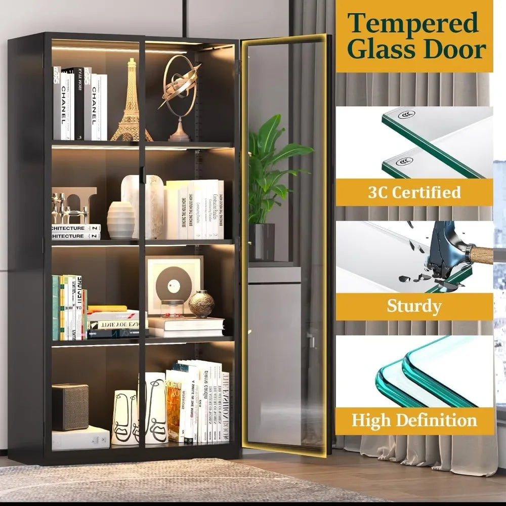 Display Cabinet with Glass Doors and LED Lights, Glass Display Case with 3 Adjustable Shelves,4 Tier of Storage Space Curio Cabi