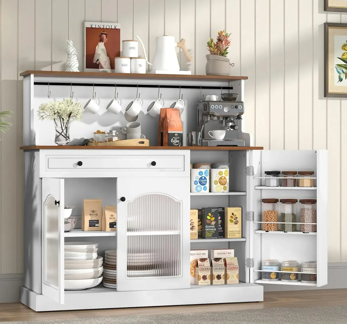 Solid Wood Coffee Bar Cabinet With Drawer And Glass Doors