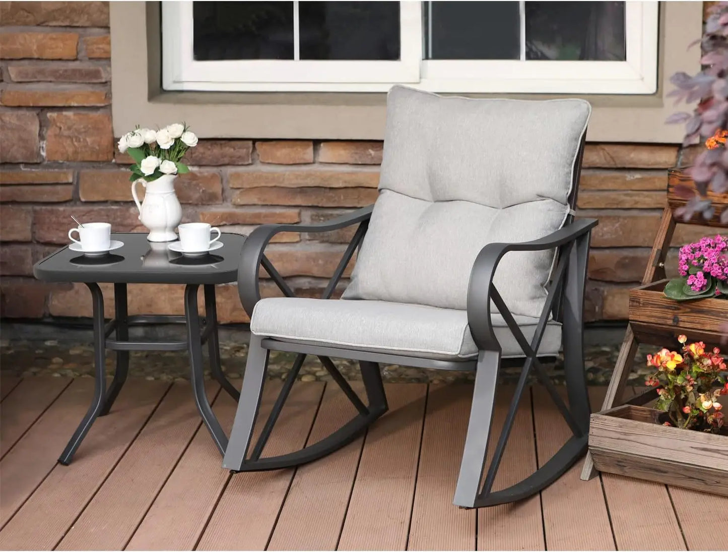 Cozy 3-Piece Bistro Set with Rocking Chairs, Gray Cushions & Glass Table for Outdoor Garden, Pool, Backyard