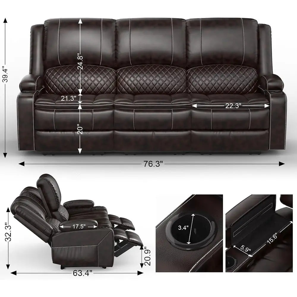 LISM Manual Reclining Sofa With Hidden Storage Center Seat