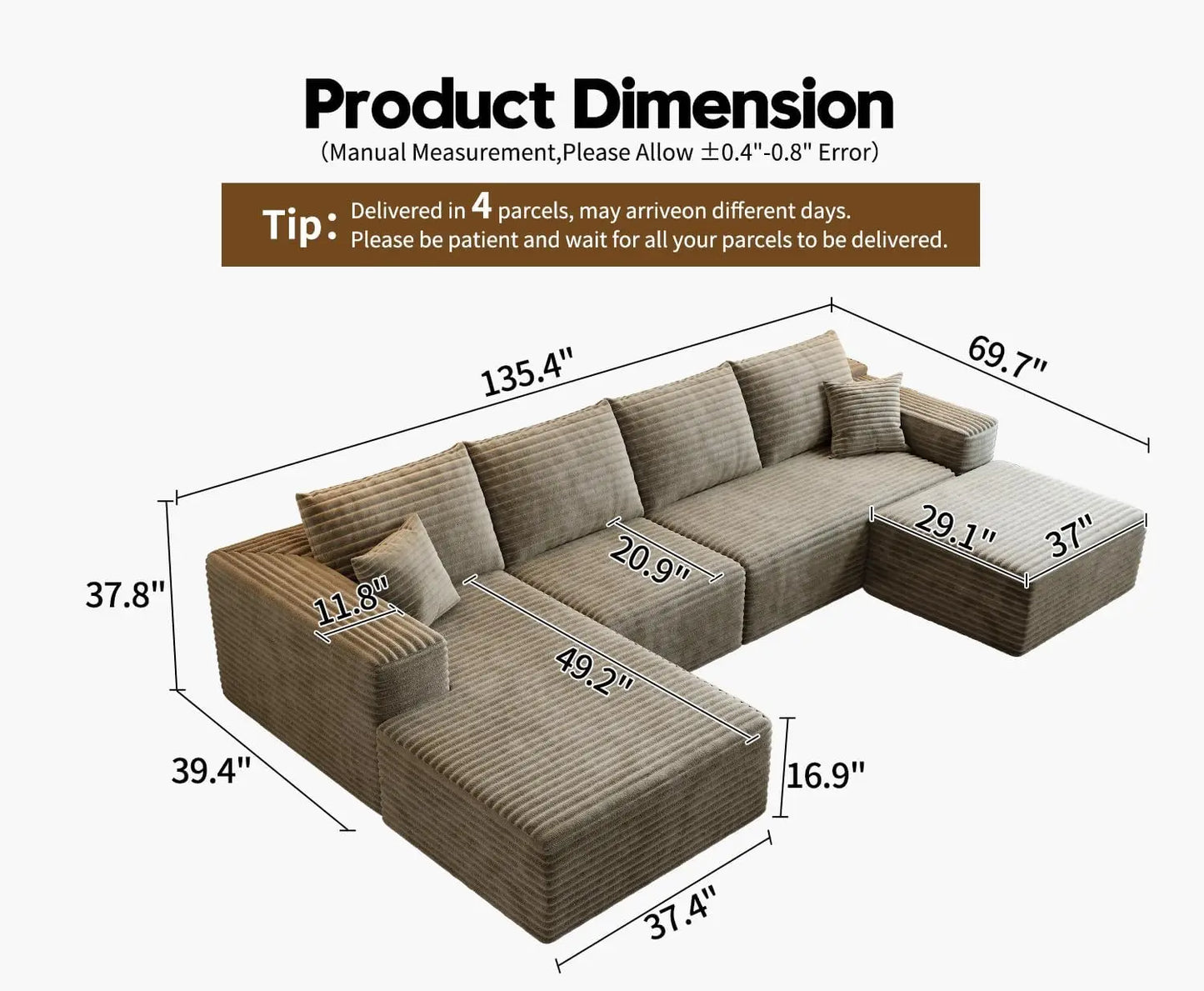 XPLVCN Modular Sectional Sofa With L Shaped Chaise Modern Upholstered
