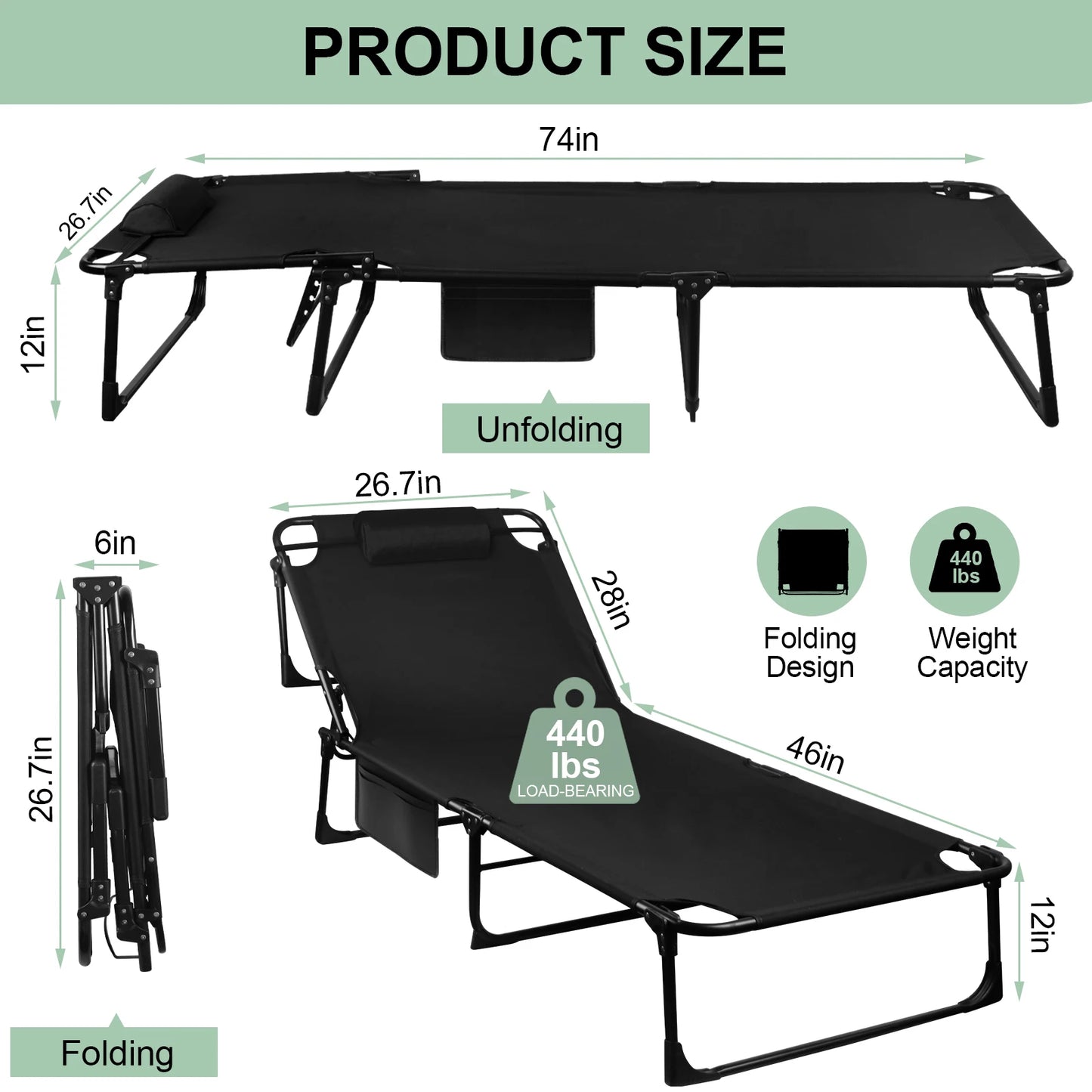 Portable Folding Camping Cot With Pillow 3 Position Reclining Lounge