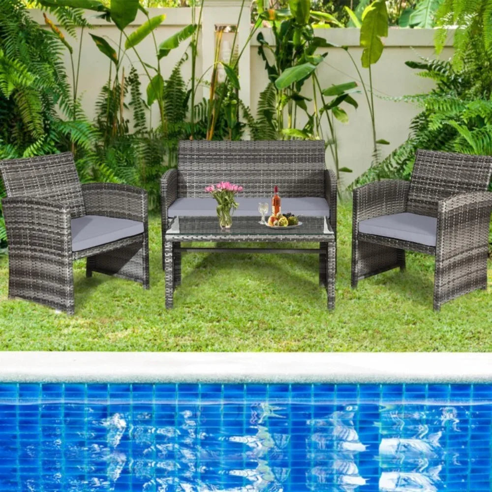 4PCS Patio Outdoor Conversation Furniture Rattan Set w/Glass Table and Loveseat