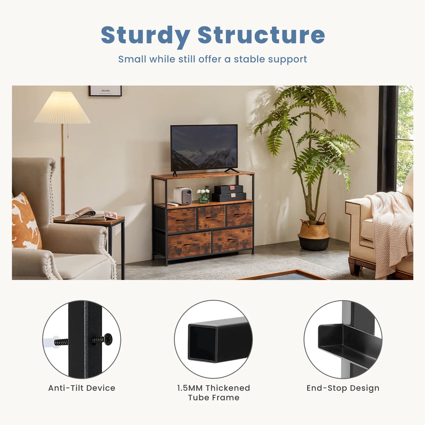 JHK Fireplace TV Stand Dresser With Five Fabric Drawers