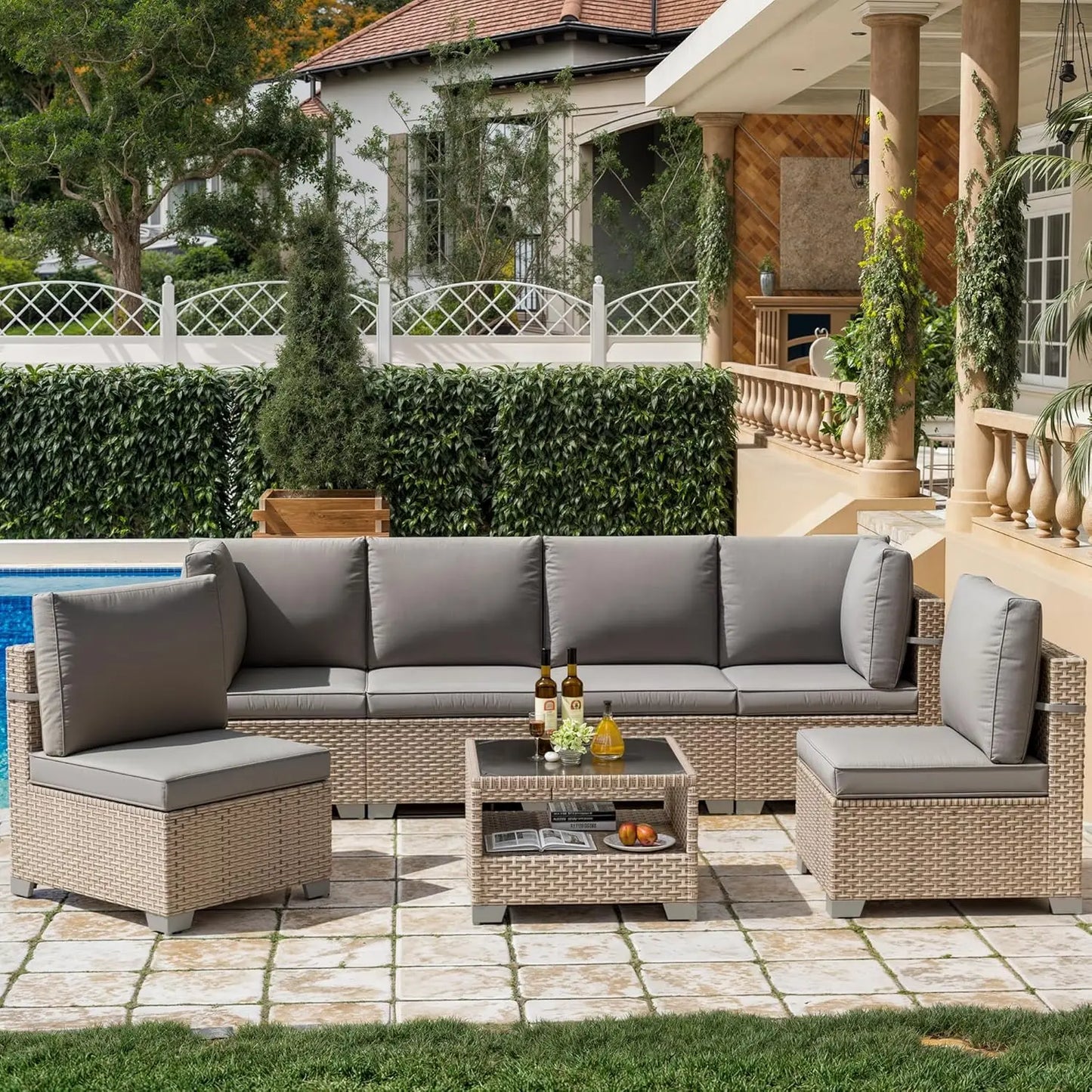 7 Pieces Patio Furniture Set, Outdoor Sectional Wicker Sofa with Thick Cushions and Storage Coffee Table, Rattan, Customized