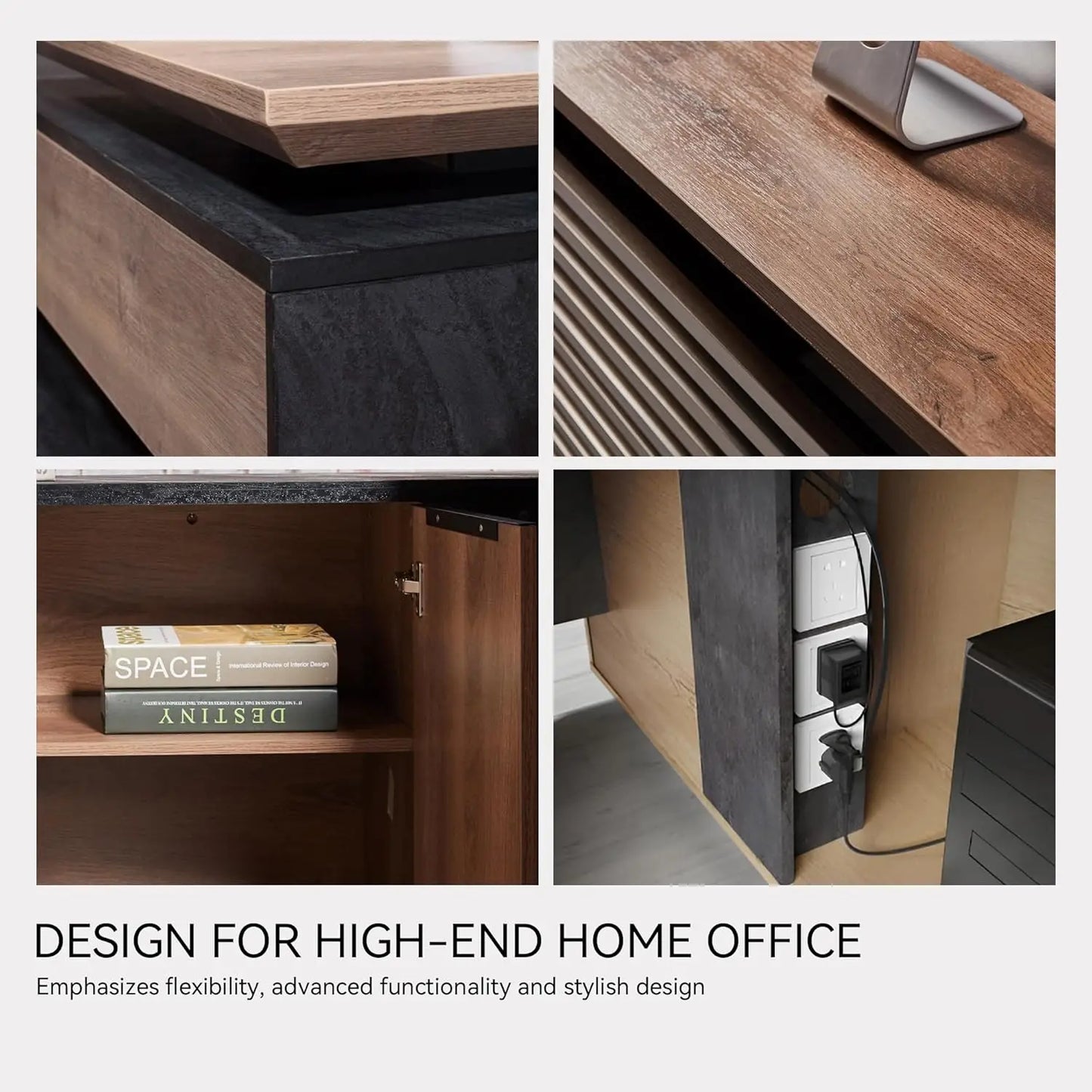 L Shaped Adjustable Executive Desk With Drawers And Charging Ports