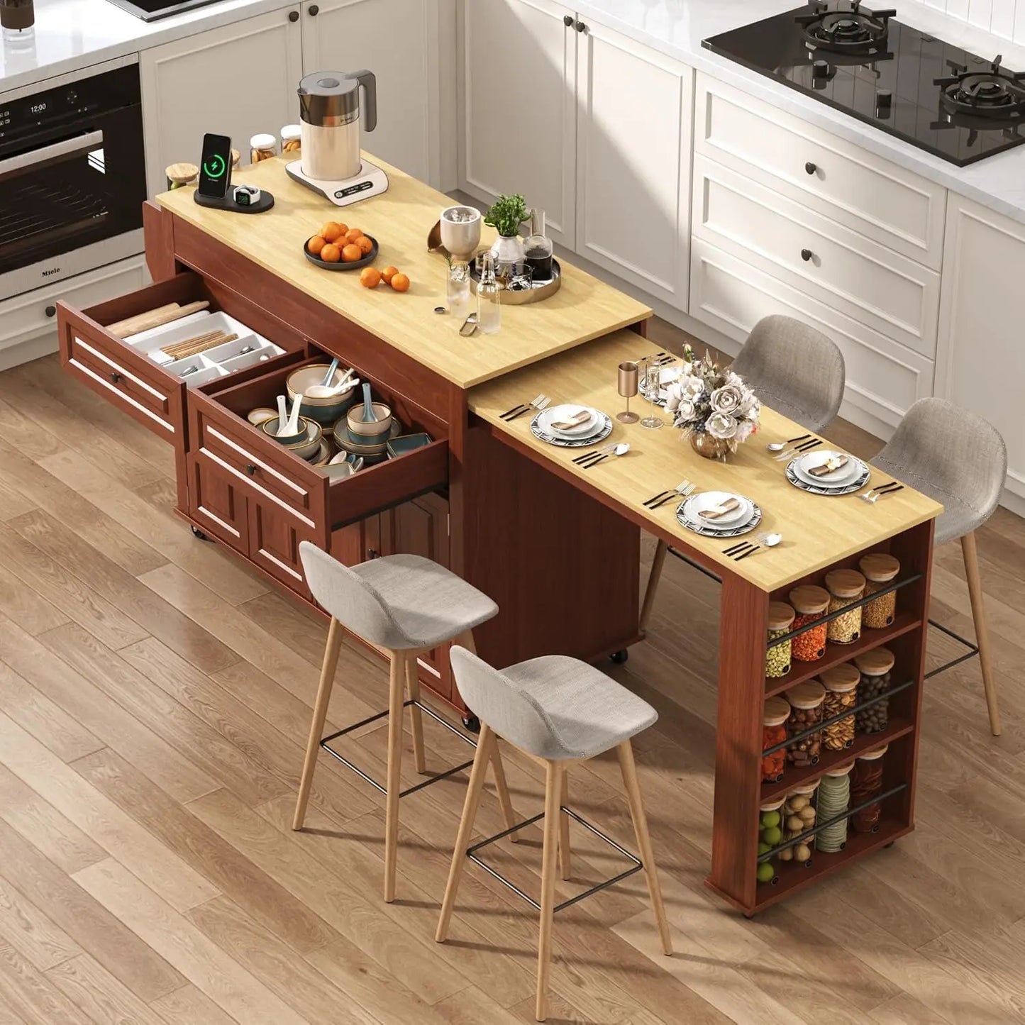 Extendable Kitchen Island With Dining Table And Power Outlet