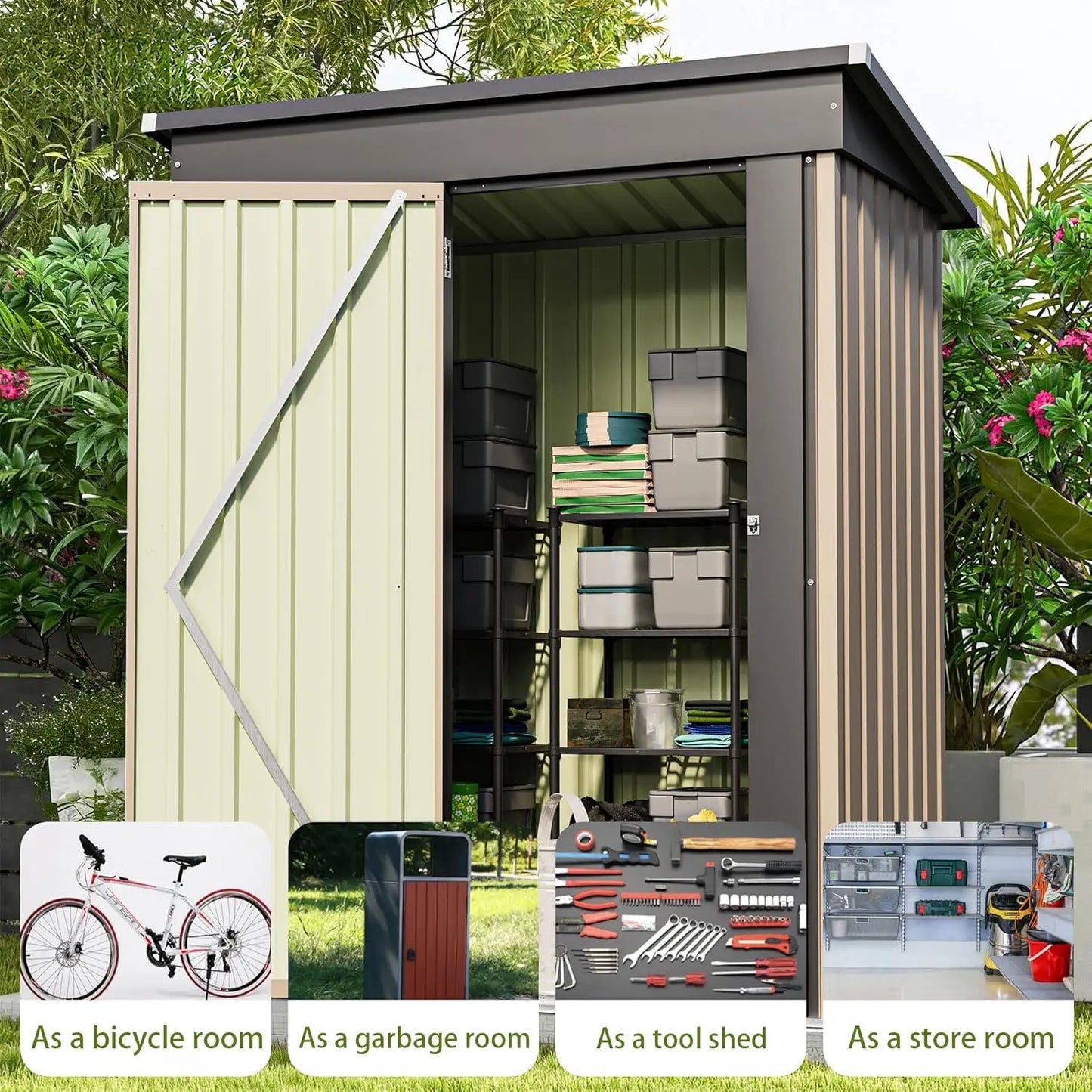 Metal Outdoor Storage Shed With Lockable Door And Waterproof Roof