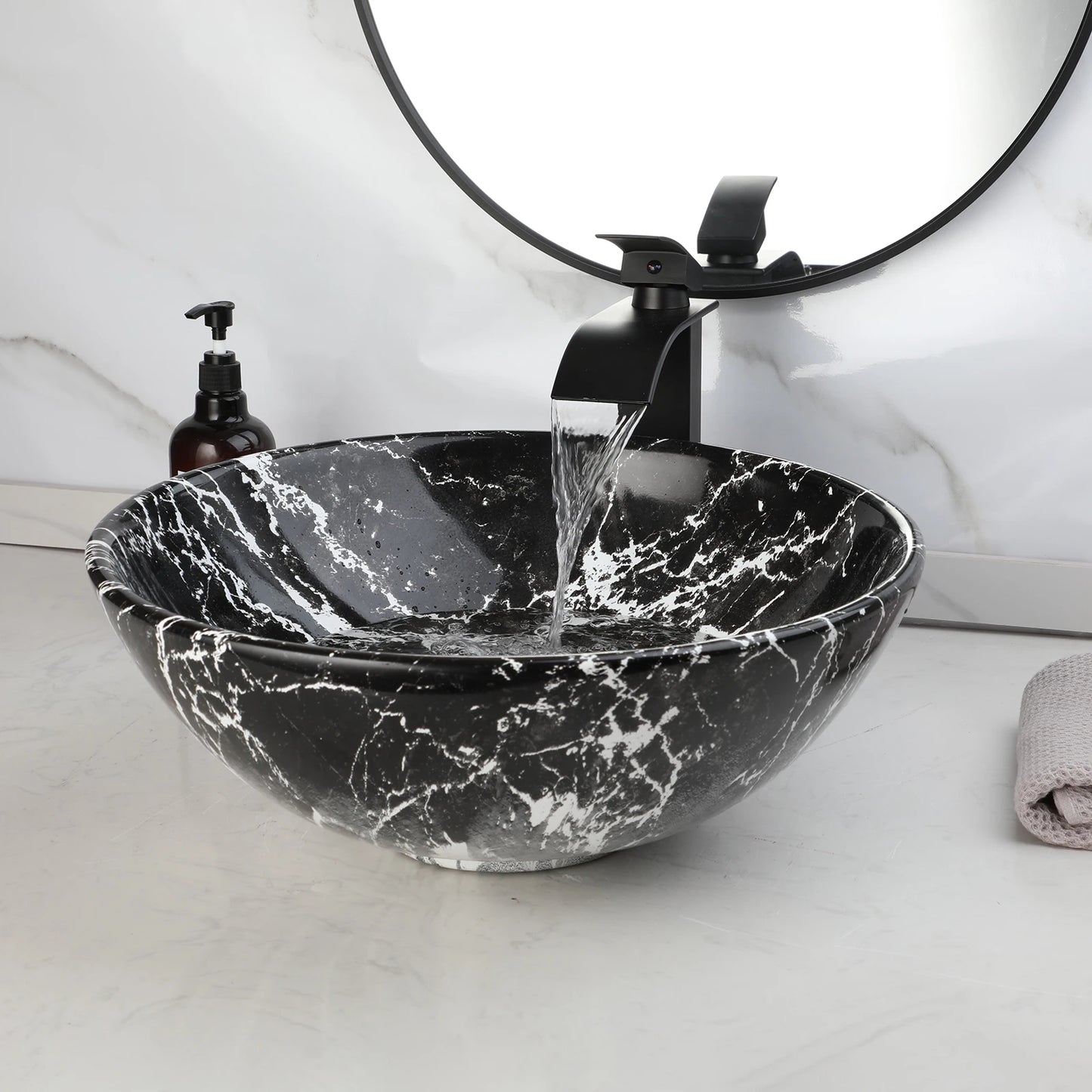 KEMAIDI Marble Ceramic Vessel Sink With Faucet Above Counter Oval Modern European Style Bathroom Vanity