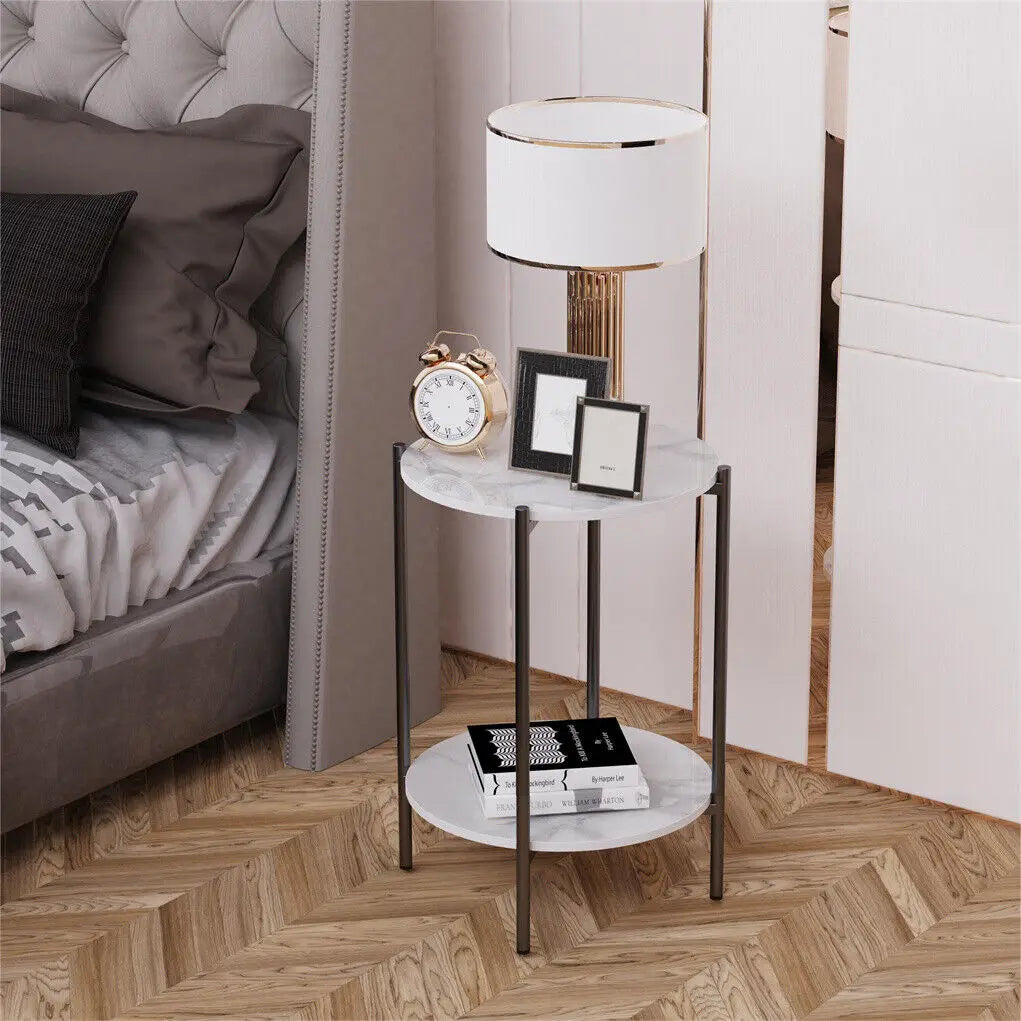 LUVODI Two Tier Round Coffee End Tables With Storage Shelf Modern Minimalist Design