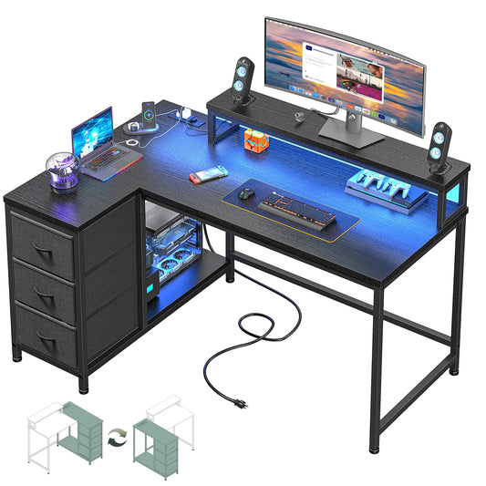 EnHomee L Shaped Gaming Desk With LED Lights USB Outlet