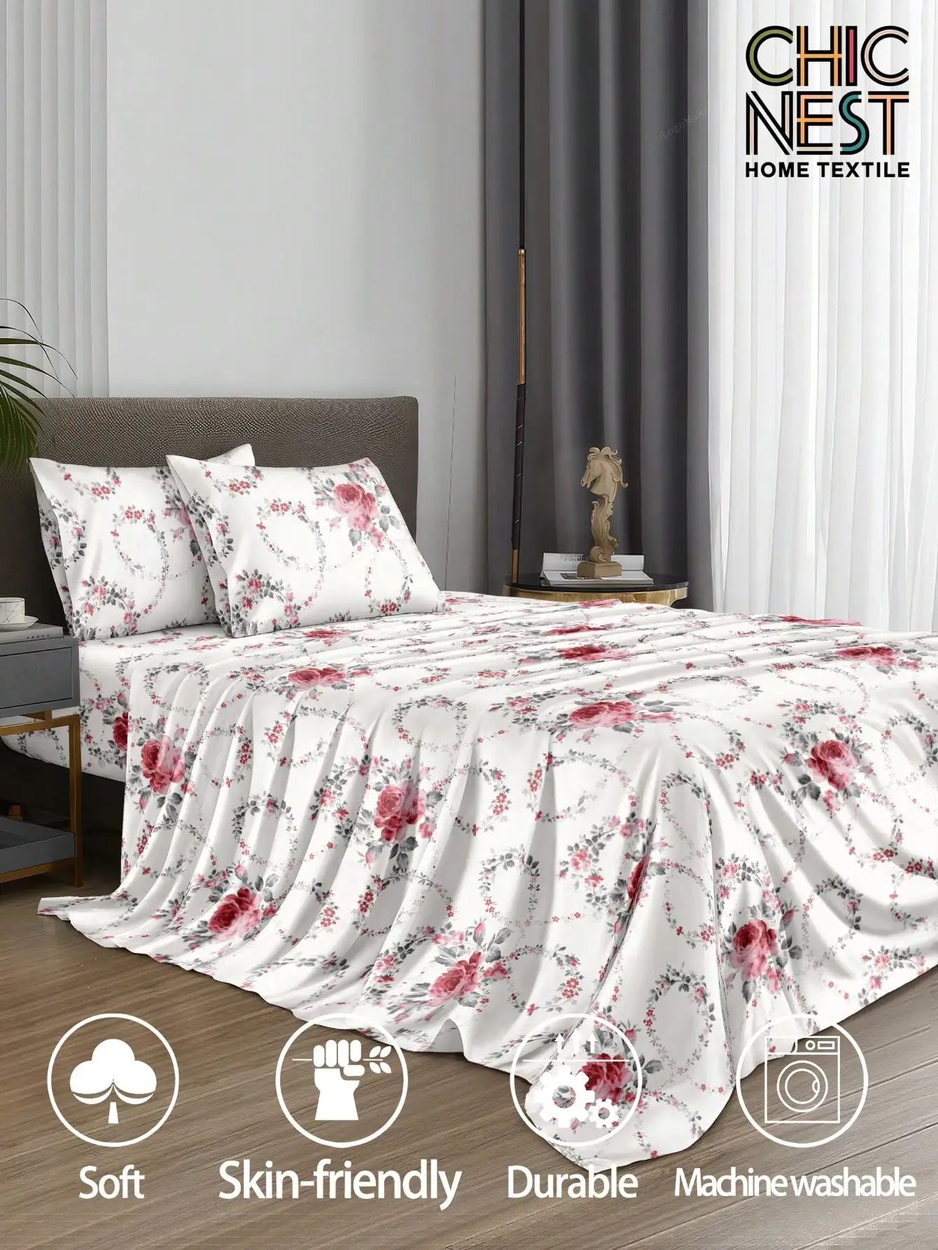 4-Piece Floral Print Bedding Set with Rose Pattern, Fitted Sheet, Flat Sheet & 2 Pillowcases