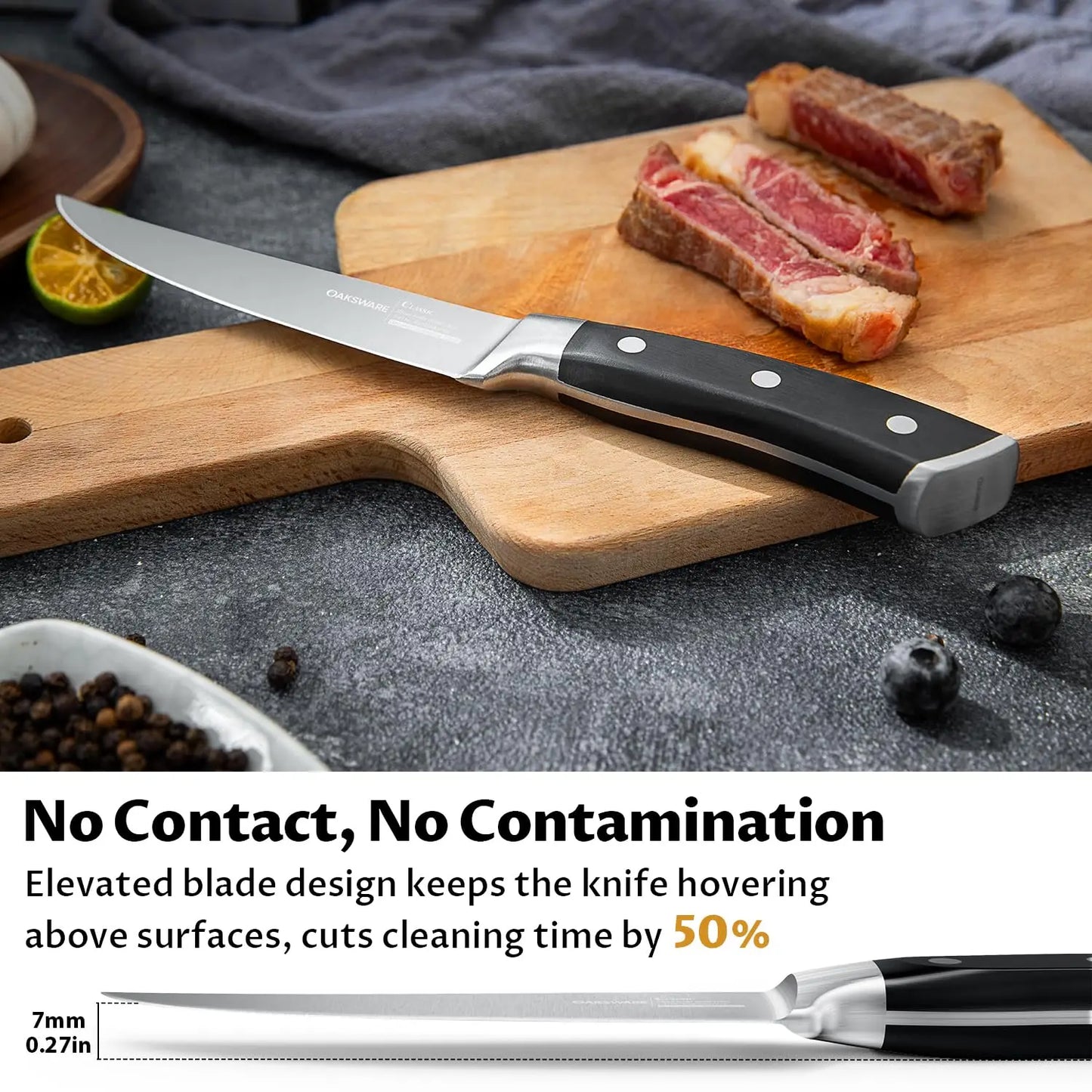 Steak Knives Set of 8, 5 Inch Non Serrated Steak Knife with Beech Block, Razor-Sharp German Stainless Steel Dinner Knives, Durab