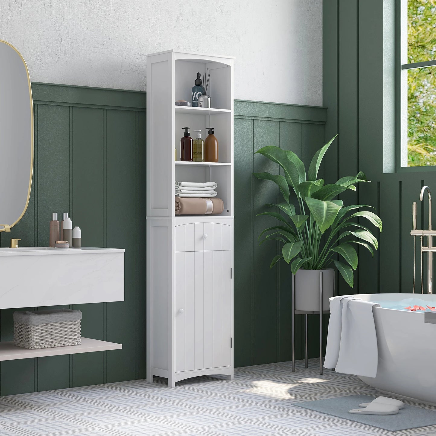 HOMCOM Slimline Bathroom SpaceSaving Cabinet Tower With Durable Shelving Drawers