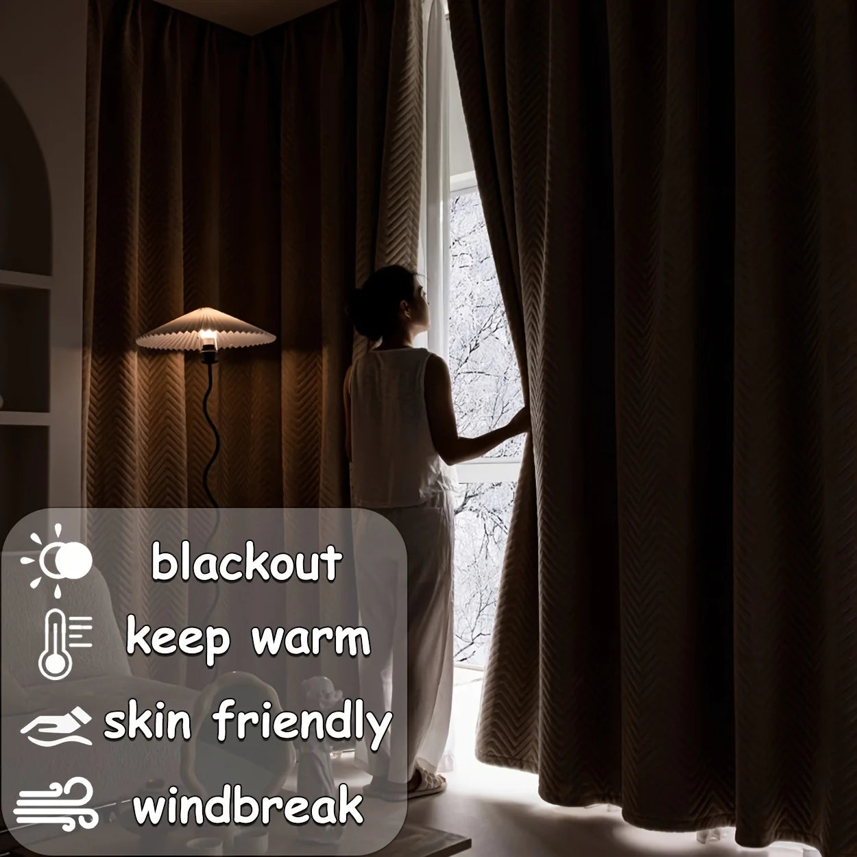 1Pc Thick Blackout Curtains with Velvet Lining, Comfortable Velvet Feel, Noise-Reducing, Windproof, Warm and Cold-Proof Curtains for Living Room and Bedroom, Multiple Installation Methods Including Rod Hooks