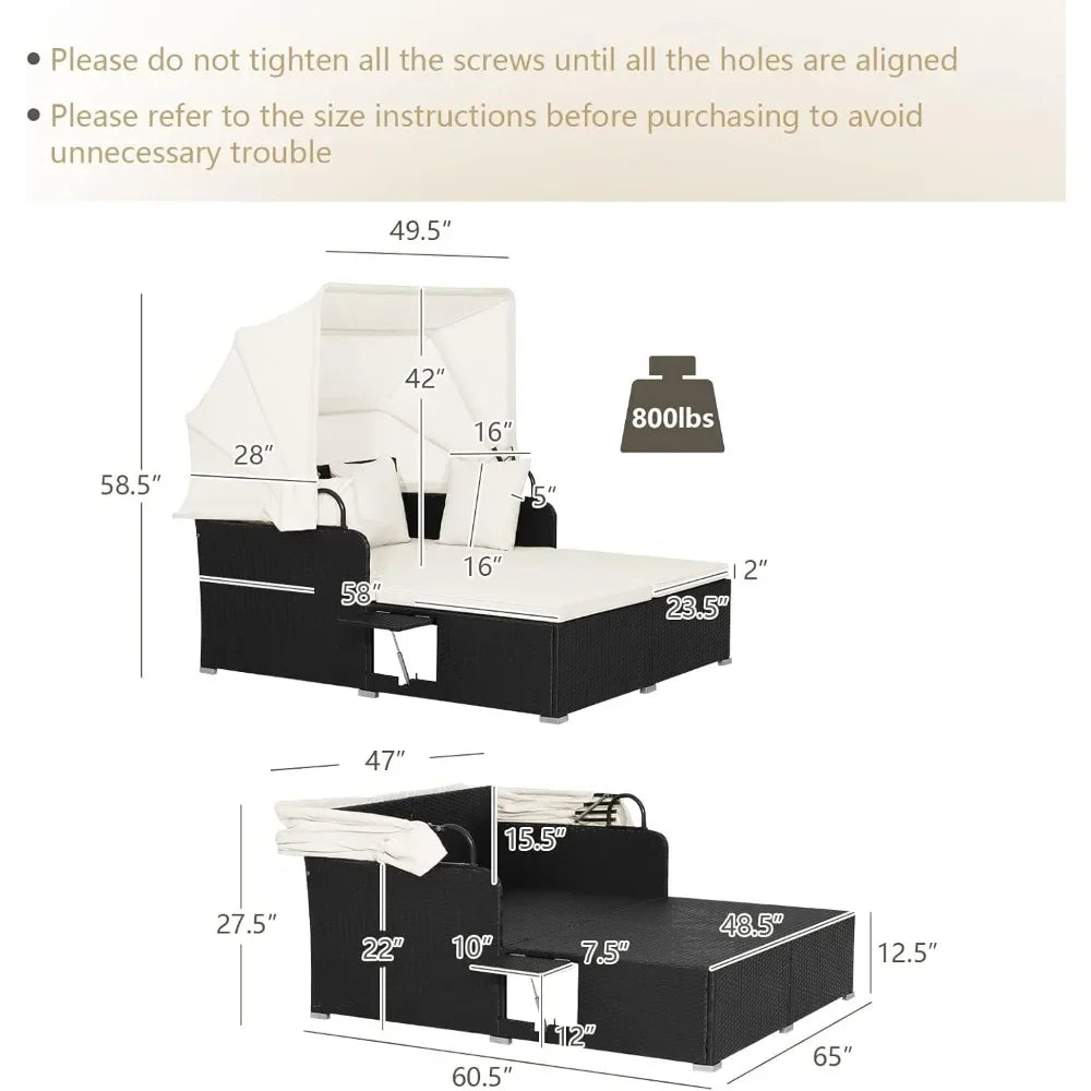Outdoor Daybed 2 Person Wicker Lounge With Retractable Canopy Cushions