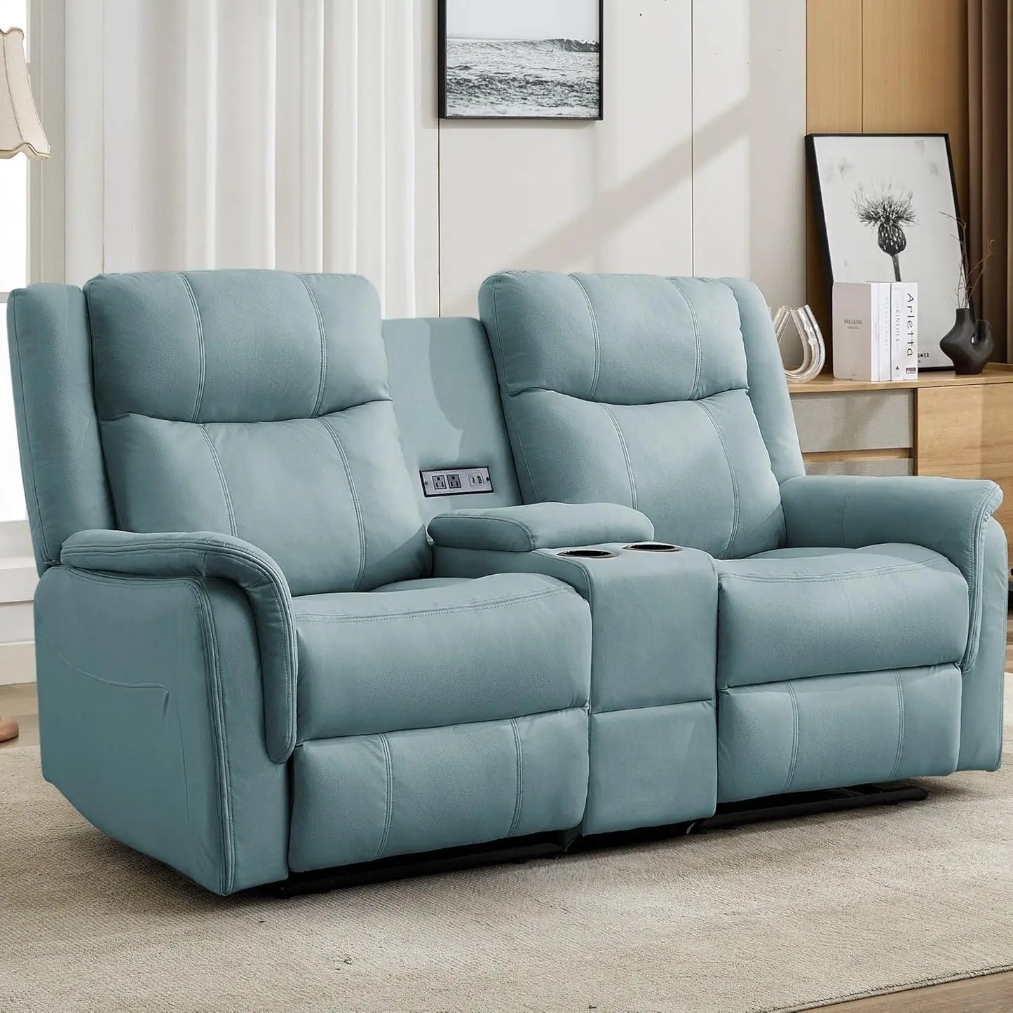Reclining Loveseat With Console USB Port And Cup Holders 2 Seater Living Room