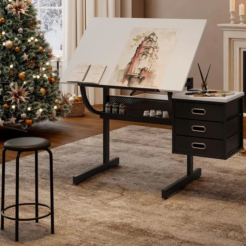 Adjustable Drafting Table With Stool And 3 Drawers