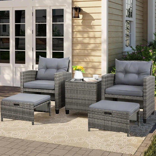 5-Piece Outdoor Patio Set PE Wicker Cushions Ottoman Glass Table