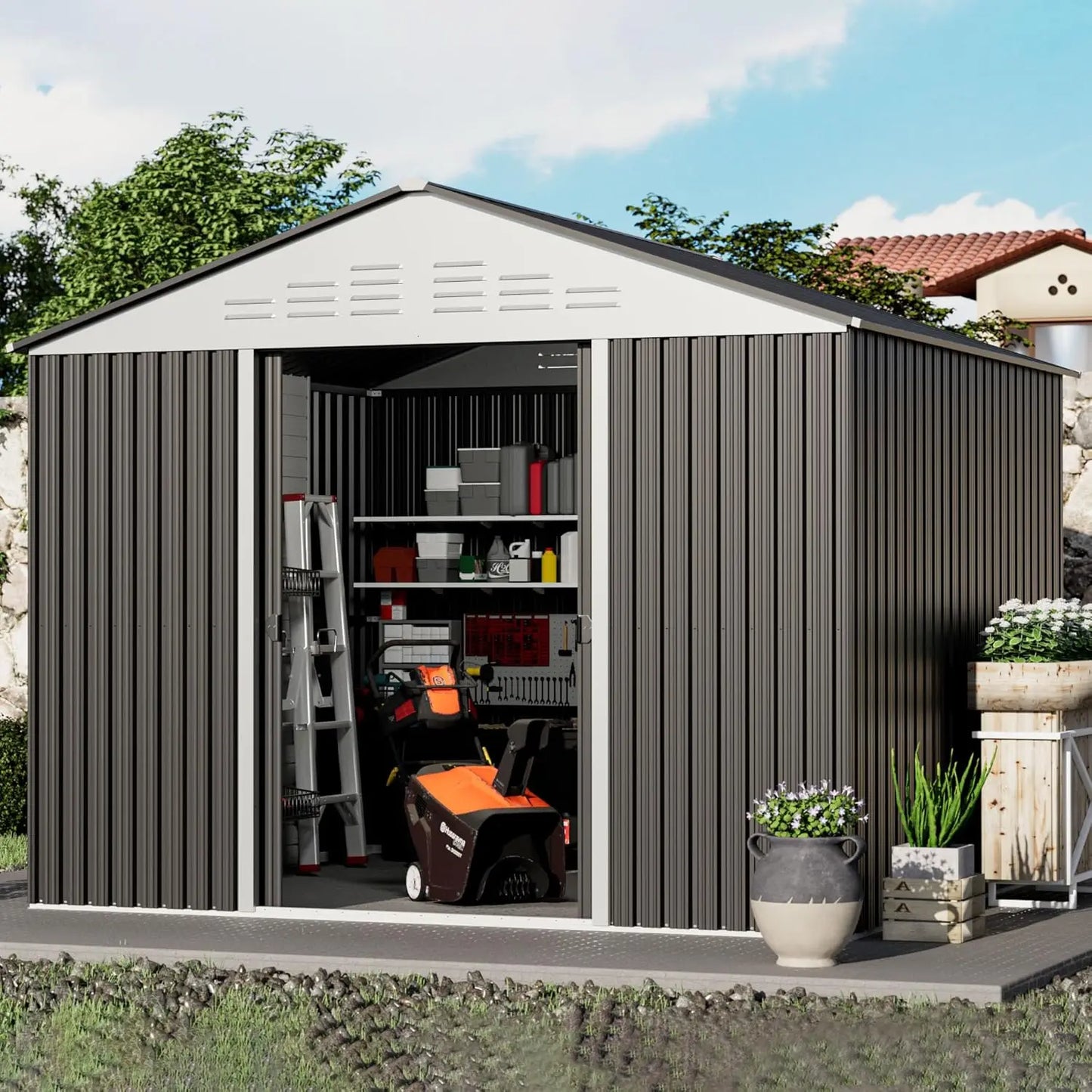 Outdoor Metal Storage Shed With Sliding Door For Garden