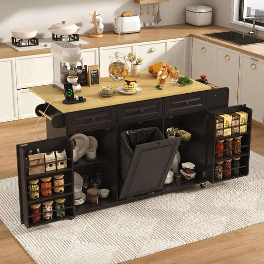 Rolling Kitchen Island With Power Outlet And Hidden Trash Cabinet