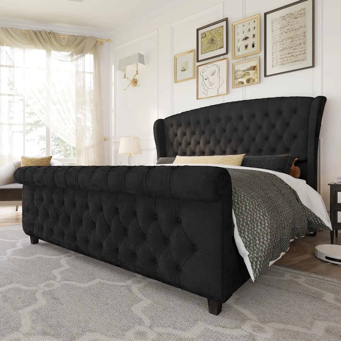 Platform Bed Frame With Scroll Wingback Headboard Footboard Velvet Upholstery