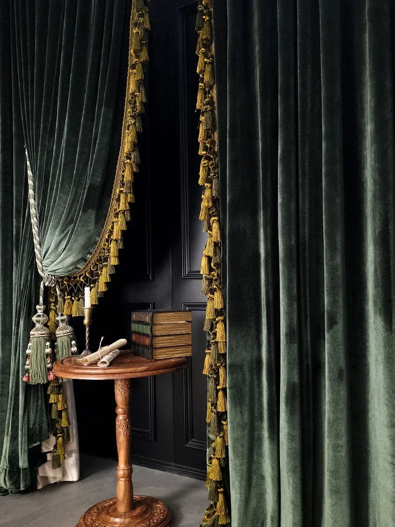 Luxury Retro Dark Green Velvet Tassels Thickened Blackout Curtains for Living Room Bedroom French Window Villa Customization