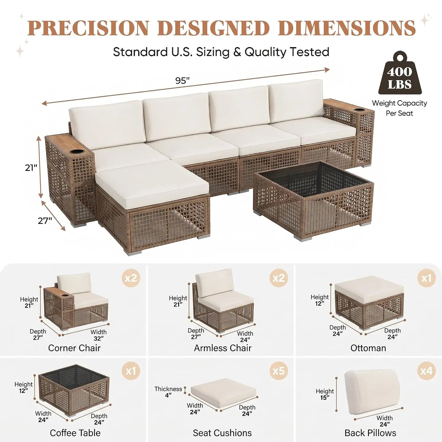 Outdoor Sectional Sofa Set PE Wicker Patio Furniture With Cup Holder