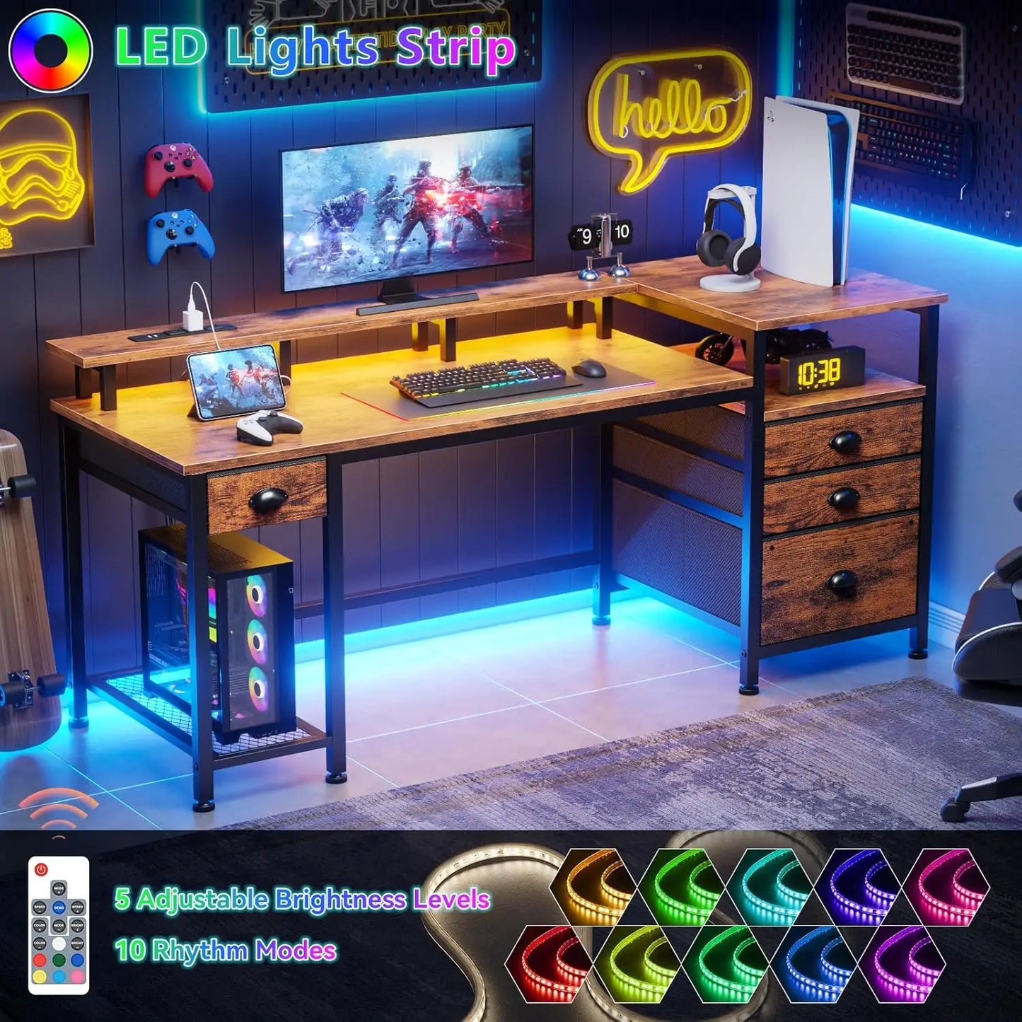 L Shaped Computer Desk With File Cabinet Led Lights
