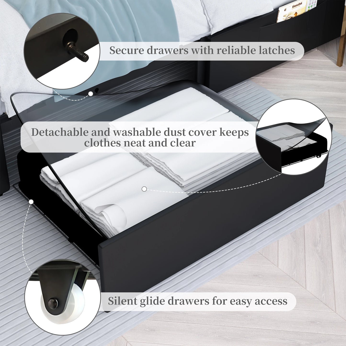 Led PU Bed Frame With 2 Drawers And Tufted Headboard