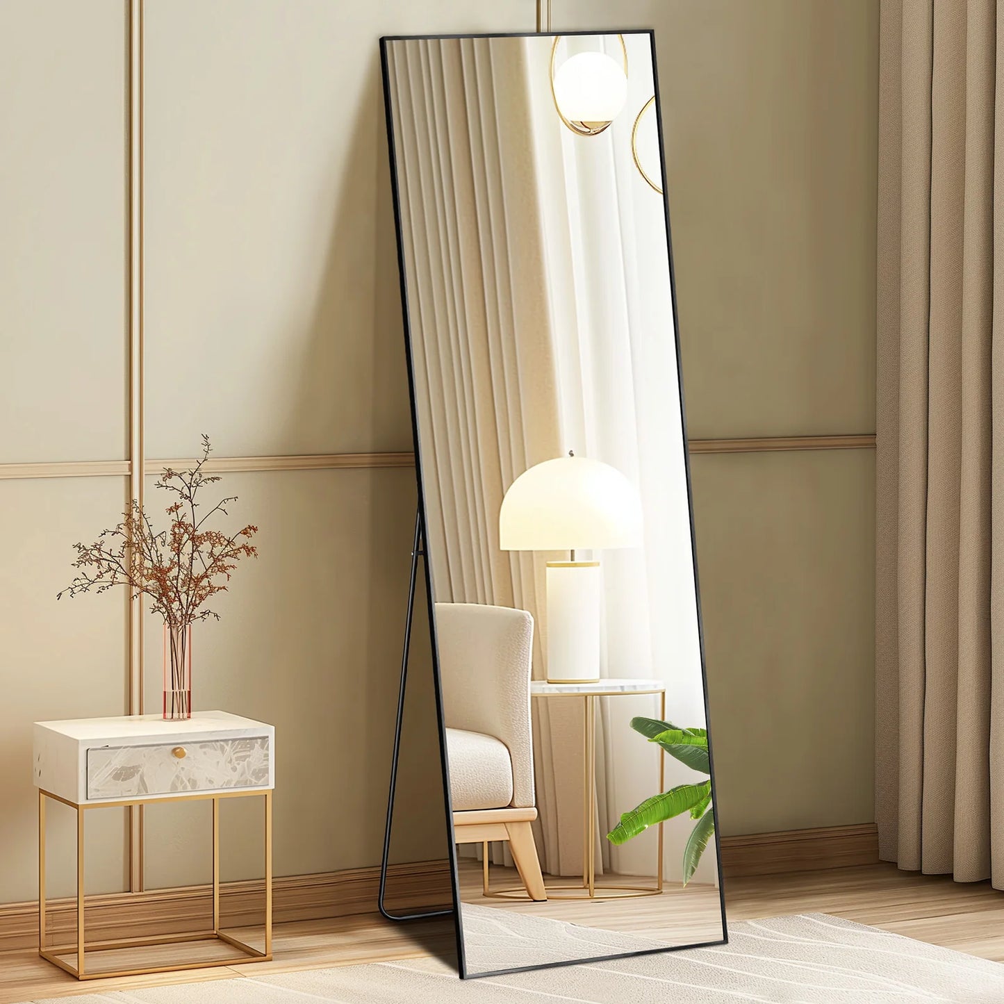 JHK Full Body Wall Mirror With Stand Aluminum Alloy Frame For Entryway And Bedroom