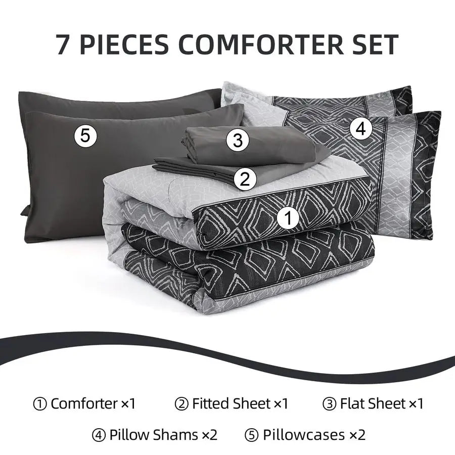 Queen Comforter Set Dark Gray Boho,Soft 7 Piece Bed in a Bag Queen Size Black Bedding Sets Striped Comforters with Plaid Bed Set