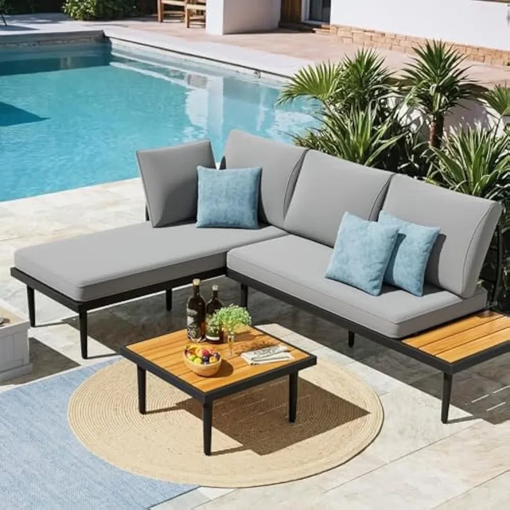 Outdoor Sectional Patio Sofa With Acacia Wood Table Set