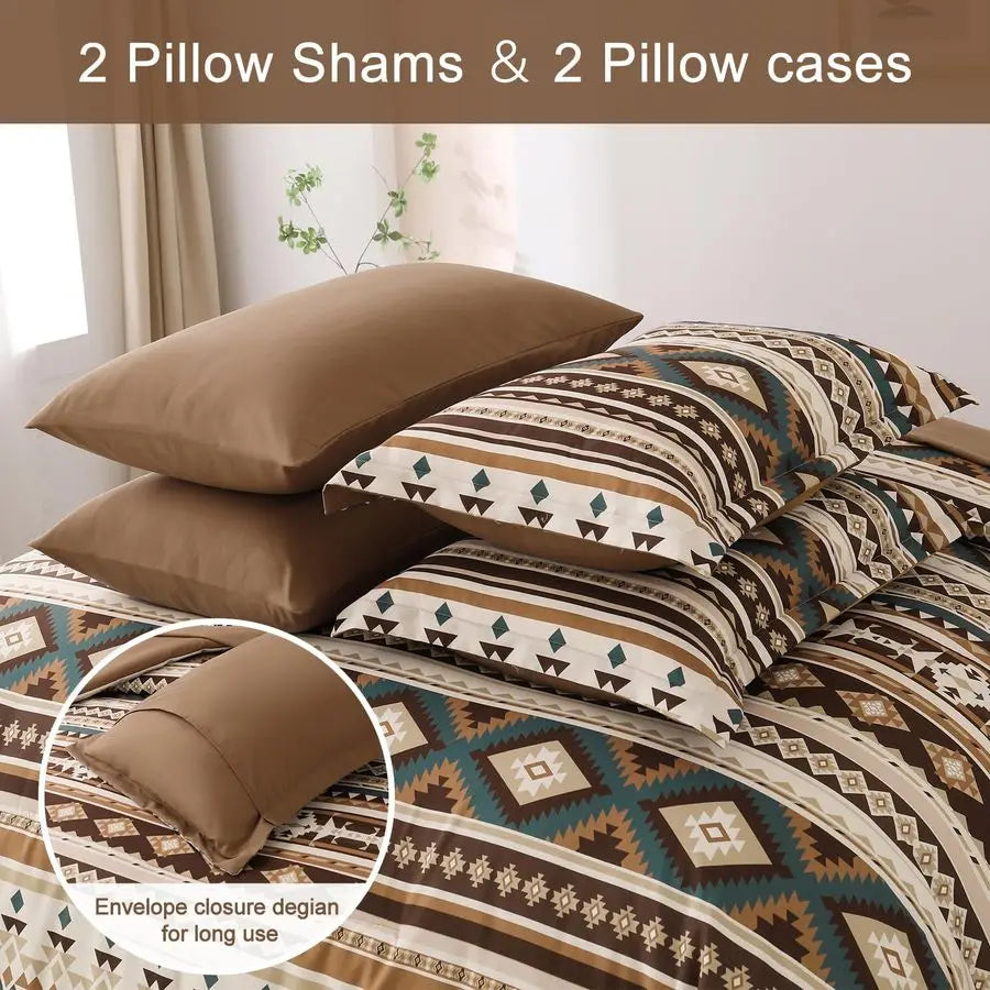 Brown Boho Comforter Set Queen Size,7 Pieces Bed in a Bag Queen Coffee Aztec Bedding Sets with Sheets Bohemian Geometric Striped