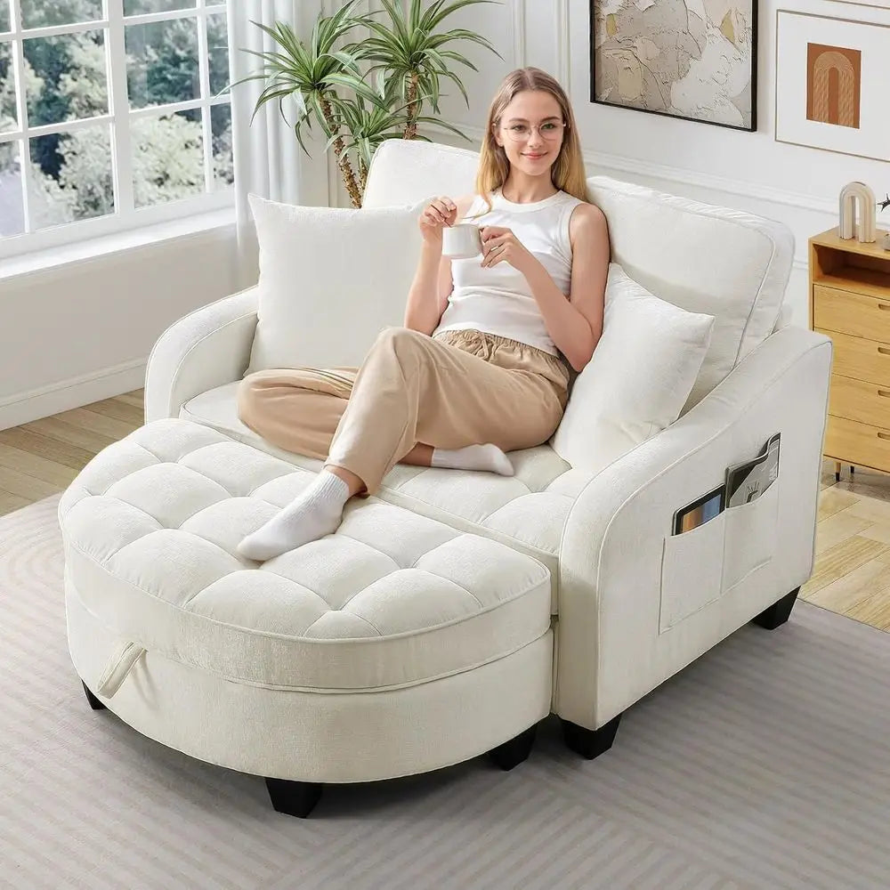 Chenille Upholstered Reading Chair With Storage Ottoman