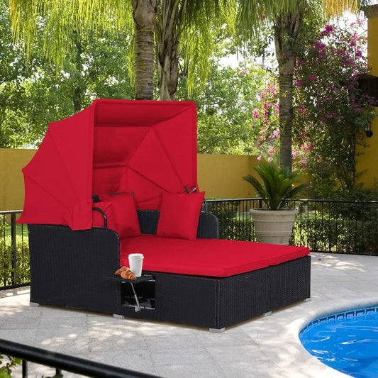 Outdoor Daybed with Retractable Canopy, Wicker Cabana with 2 Side Tables & Soft Cushions, Patio Sectional Furniture Set