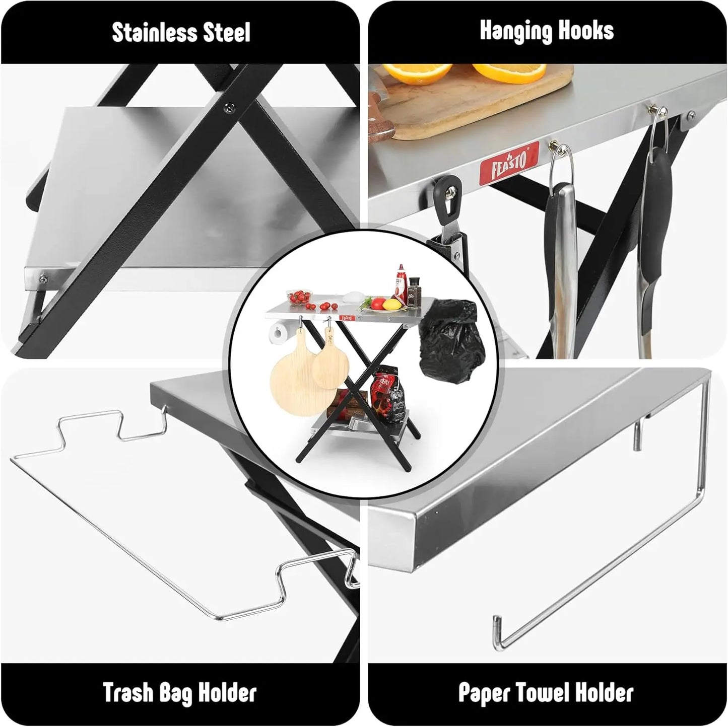 Foldable Stainless Steel Outdoor Grill Table With Storage Shelf