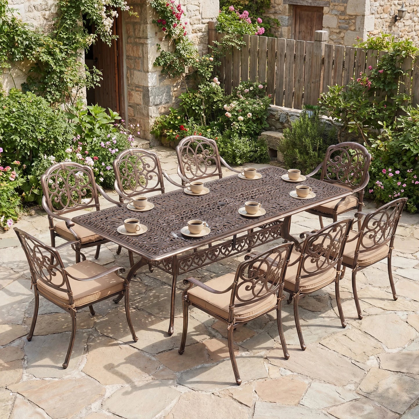Cast Aluminum Outdoor Patio Dining Set Featuring Umbrella Hole