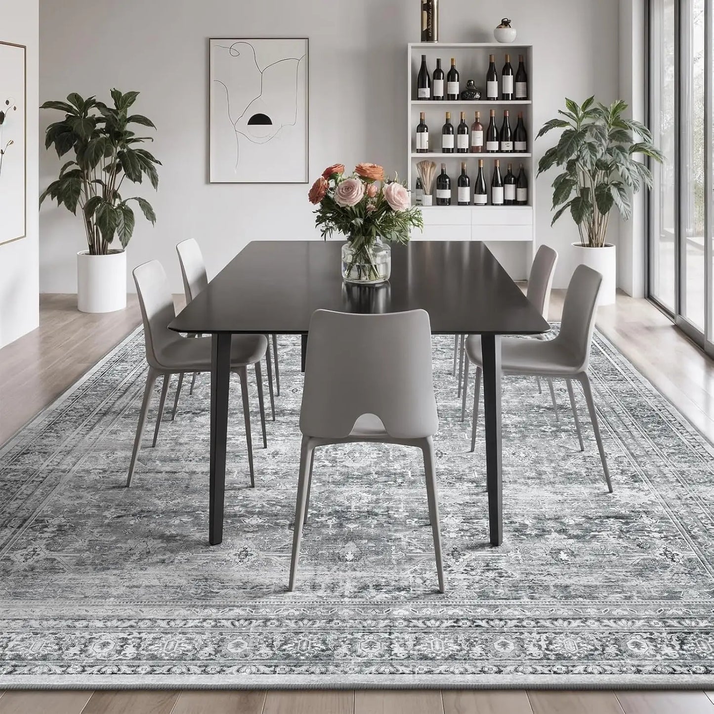 Wool Silk Area Rug With Non Slip Backing And Stripes