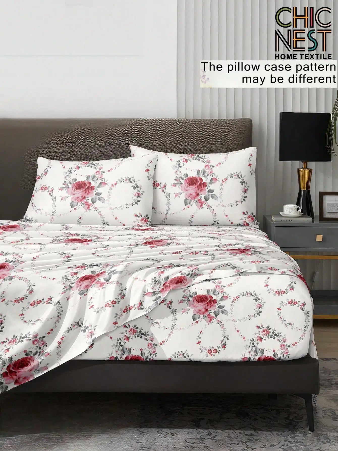 4-Piece Floral Print Bedding Set with Rose Pattern, Fitted Sheet, Flat Sheet & 2 Pillowcases