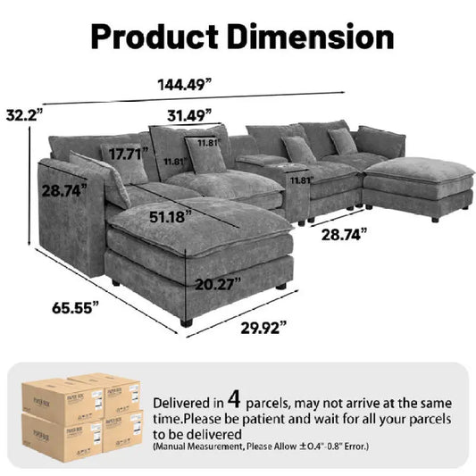 Cloud U Shaped Sofa With Storage Cup Holders Living Room