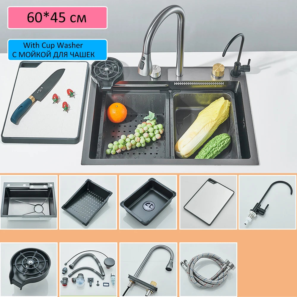 Quyanre 304 Stainless Steel Waterfall Kitchen Sink With Integrated Faucet Set Soap Dispenser Pure Water Cup Washer