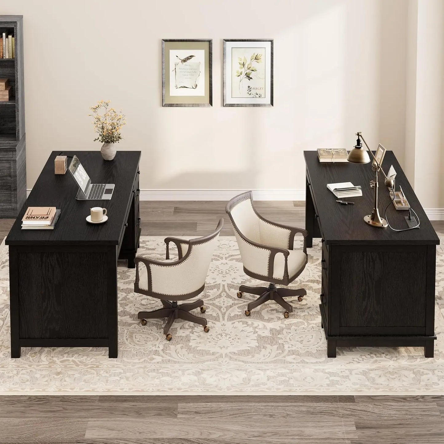 Farmhouse Executive L Shaped Desk With Drawers And Charging Station
